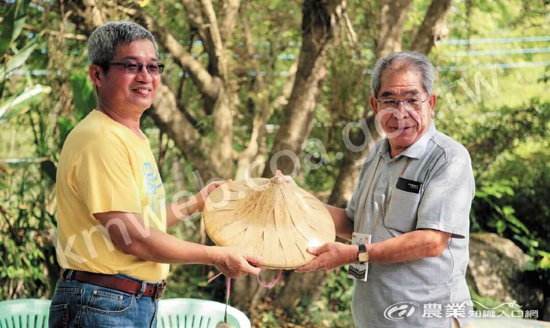 羅山社區發展協會理事長林益誠（左）親手遞上完成的斗笠給體驗斗笠製作的遊客，傳遞的不只是工藝，還有人與人之間的溫度。